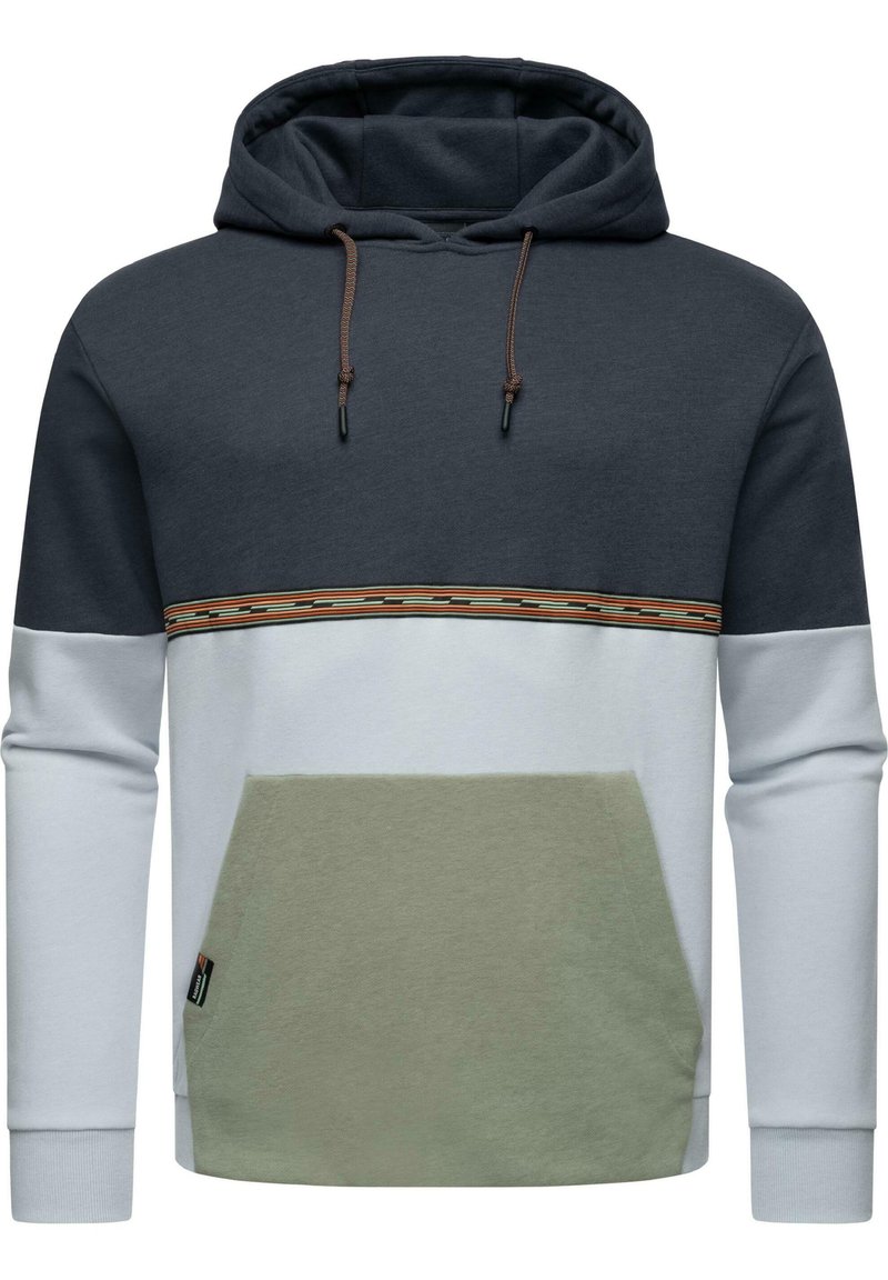 Sudadera con capucha en azul marino oscuro, gris claro y verde. Cuenta con un bolsillo frontal y una banda estampada en el pecho. Material de mezcla de algodón.
