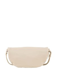 Borsa beige, di texture morbida, con forma rettangolare, tracolla regolabile e design minimalista. Superficie liscia senza motivi o hardware visibili.