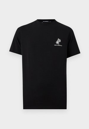 Zwart kort mouw T-shirt met kleine witte palmboom afbeelding en "KARL LAGERFELD" tekst op de linkerborst.