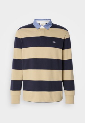 Striped long-sleeve polo shirt featuring navy and beige horizontal stripes, a light blue collar, and a small embroidered logo on the chest.