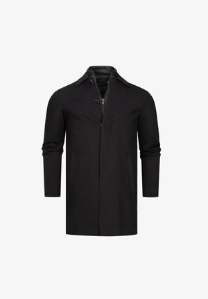 Black coat with a structured design, featuring a zippered front, two side pockets, and short sleeves. Made from a smooth fabric.