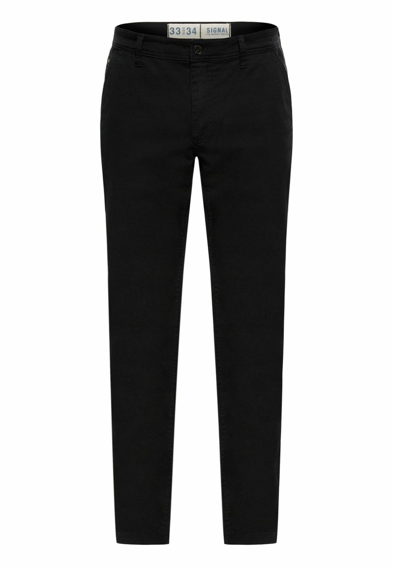 Zwarte chino's in een slim fit, gemaakt van zachte katoen. Heeft een ritssluiting, zijzakken en een klein logo-label op de tailleband. Maat 33/34.