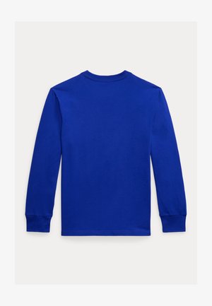 Langarmshirt aus einfarbigem, leuchtend blauem Baumwollstoff, mit rundem Ausschnitt und Bündchen. Glatte Textur ohne sichtbare Muster oder Akzente.