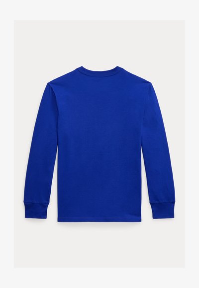 Langarmshirt aus einfarbigem, leuchtend blauem Baumwollstoff, mit rundem Ausschnitt und Bündchen. Glatte Textur ohne sichtbare Muster oder Akzente.