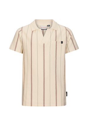 Beige kurzärmeliges Strick-Poloshirt mit braunen vertikalen Streifen, offenem Kragen, Brusttasche und kleinem schwarzem Stofflogo-Etikett.