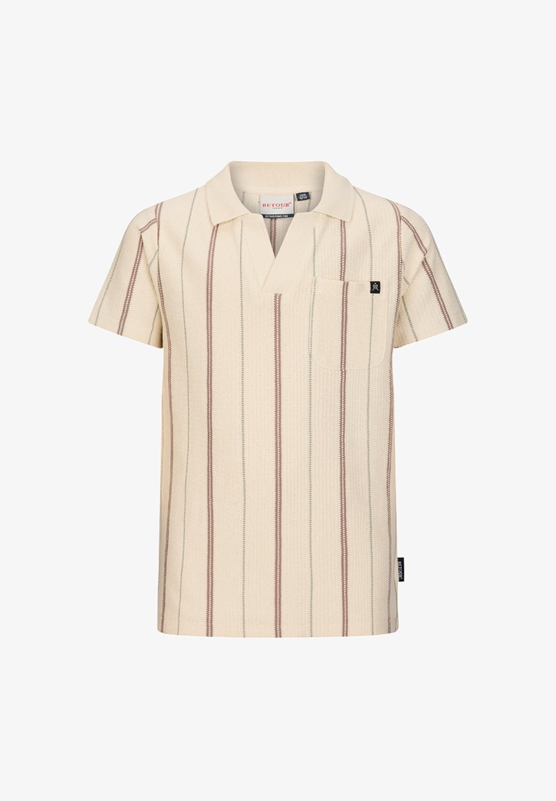 Beige polo trui met korte mouwen, bruine verticale strepen, open kraag, borstzak en een klein zwart stoffen logolabel.