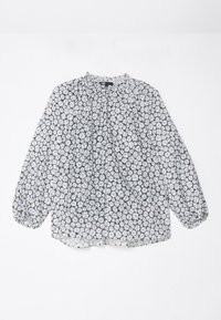 Blouse à manches longues avec motif floral pâquerette bleu clair et blanc sur fond noir, encolure froncée et poignets élastiques.