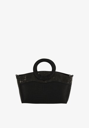 Sac à main noir avec un motif crocodile texturé, un dessus lisse, une poignée ronde et une forme structurée. Fermeture éclair sur le dessus.