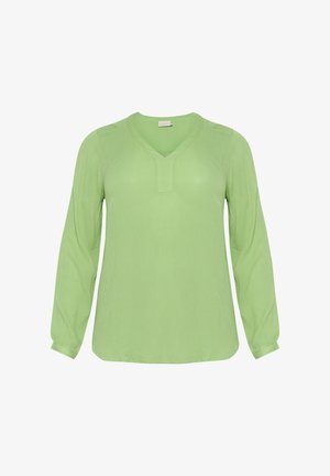 Bluzica s long sleeves v svetlo zeleni barvi, z V-izrezom, subtilno teksturo in sproščenim krojem s zaobljenim robom ter nabranimi manžetami.