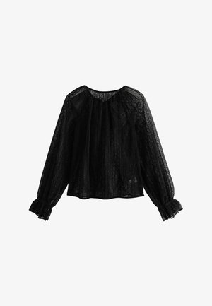 Melna mežģīņu blūze ar garām piedurknēm, savilkta dekoltē un ar viļņainām aprocēm. Caurspīdīga tekstūra ar ziedu rakstu un nedaudz pūkainiem pleciem.