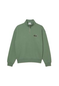 Felpa verde con collo alto, mezza zip e logo ricamato sul petto sinistro. Realizzata in tessuto morbido con polsini a coste.