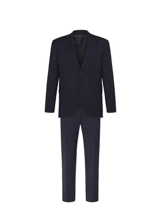 Dunkel marineblauer zweiteiliger Anzug mit einreihigem Sakko und passenden gerade geschnittenen Hosen, präsentiert auf weißem Hintergrund.