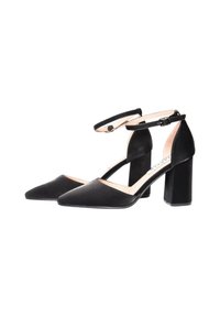 Scarpe nere con tacco alto e punta affilata, dotate di una cinghia alla caviglia e tacco a blocco, realizzate in un materiale liscio e opaco.