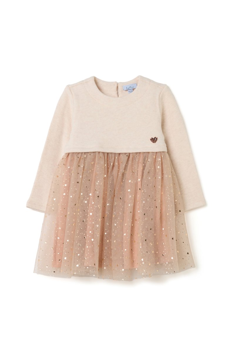 Langärmliges Kleid mit einem beigen Oberteil und einem glitzernden pinken Tüllrock, der mit goldenen und silbernen Sternmustern verziert ist. Rückseitiger Knopfverschluss.
