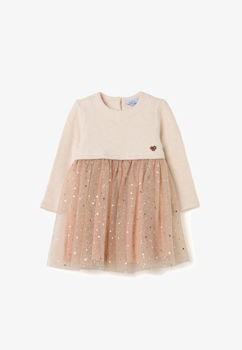 Langärmliges Kleid mit einem beigen Oberteil und einem glitzernden pinken Tüllrock, der mit goldenen und silbernen Sternmustern verziert ist. Rückseitiger Knopfverschluss.