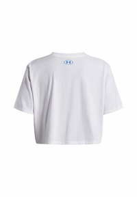 White cropped t-shirt made of cotton with short sleeves. Features a small blue logo at the back neck. Smooth texture, casual design.