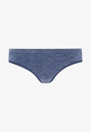 Blue heathered bikini briefs with a smooth, elastic waistband. The fabric is soft, featuring a subtle texture and flattering cut.