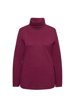 Maglione a maniche lunghe con colletto alto in un profondo bordeaux, realizzato in un tessuto morbido con un design aderente e un collo alto, caratterizzato da una superficie liscia.