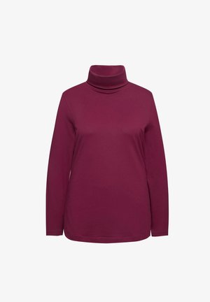 Long-sleeve turtleneck in deep burgundy, made of soft fabric with a fitted design and a high neckline, featuring a smooth texture.