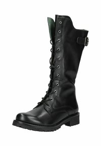 Botte en cuir noir montant jusqu'au genou avec un bout rond, un laçage à l'avant, des œillets en métal argenté et une petite boucle sur le côté. Semelle en caoutchouc texturé pour une meilleure traction.