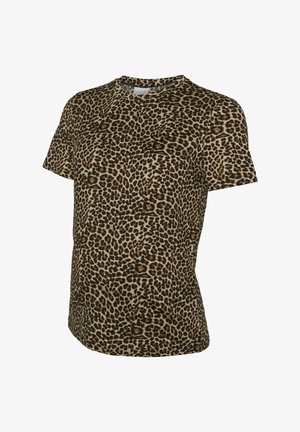 Leopardų rašto trumpomis rankovėmis marškinėliai, pagaminti iš minkštos medžiagos. Turi apvalų iškirpimą ir laisvą kirpimą su tamsiai rudos ir smėlinės spalvomis.