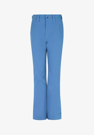 Blauwe outdoorbroek gemaakt van lichtgewicht materiaal, met een ontspannen pasvorm, een rits aan de voorkant en versterkte kniestukken voor duurzaamheid.