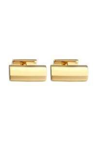 Rechteckige Manschettenknöpfe in Gold-Optik mit einer polierten, glatten Oberfläche und einem Scharnierverschluss für sicheres Schließen. Kompaktes und minimalistisches Design.
