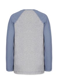 Langærmet skjorte med grå krop og blå raglanærmer. Lavet af blødt stof med en glat tekstur og design med rund hals.