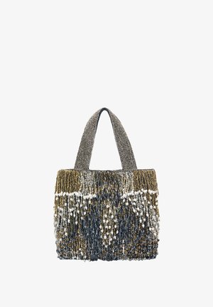 Torebka z koralikami o teksturowanej powierzchni ozdobiona złotymi, srebrnymi i niebieskimi koralikami, z dwoma wytrzymałymi, plecionymi uchwytami.