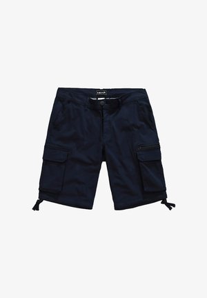 Mørkeblå cargo shorts lavet af stof med en glat tekstur, der har flere lommer, lukning med knap foran og justerbare snørelæg.
