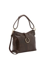 Borsa a tracolla in pelle marrone con una forma strutturata, dotata di chiusura a zip, tracolla regolabile e dettaglio decorativo a anello in tonalità dorata.