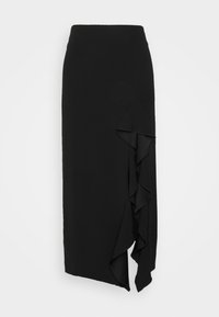 Jupe midi noire taille haute avec un détail de volants asymétriques descendant sur un côté.