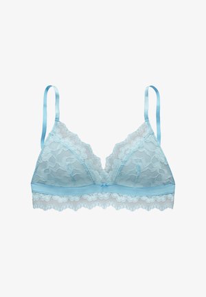 Light blue lace bralette with adjustable straps, floral pattern, wide lace band, and a small satin bow at the center.