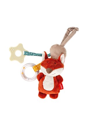 Jouet en peluche en forme de renard, de couleur orange et blanche, avec différentes textures. Il comprend un hochet en forme d'étoile en caoutchouc, un anneau de hochet transparent et une boucle en tissu.