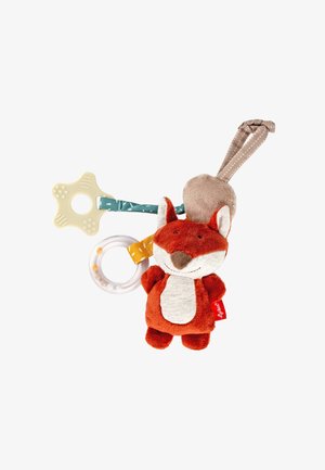 Giocattolo in peluche a forma di volpe in arancione e bianco, con diverse texture. Include un mordicchio a forma di stella in gomma, un anello sonaglio trasparente e un'asola in stoffa.