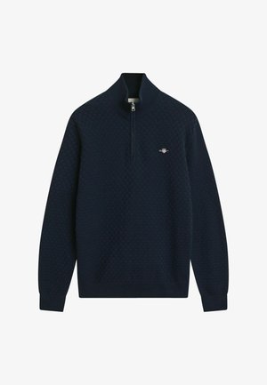 Marineblauer Zip-Kragen-Pullover mit strukturiertem Muster, gerippten Bündchen und Saum, ausgestattet mit einem kleinen gestickten Logo auf der Brust.