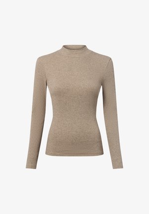 Beige long-sleeve turtleneck sweater made of ribbed fabric; fitted design with a high neckline and smooth texture.