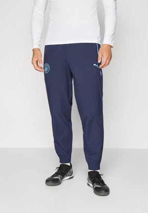 Navy sports pants with elastic cuffs, featuring a light blue logo patch and side detail. Made of lightweight, smooth fabric.