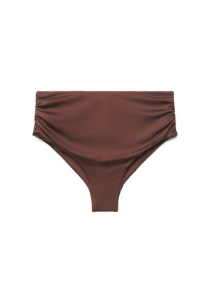 Brązowy dół od bikini z wysokim stanem, marszczonymi bokami, gładkim materiałem i średnim kryciem, prezentowany na białym tle.