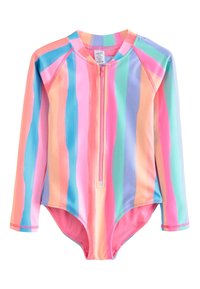 Maillot de bain à manches longues rayé dans des tons pastel de rose, bleu et vert ; doté d'une fermeture éclair à l'avant et d'une texture de tissu douce et lisse.