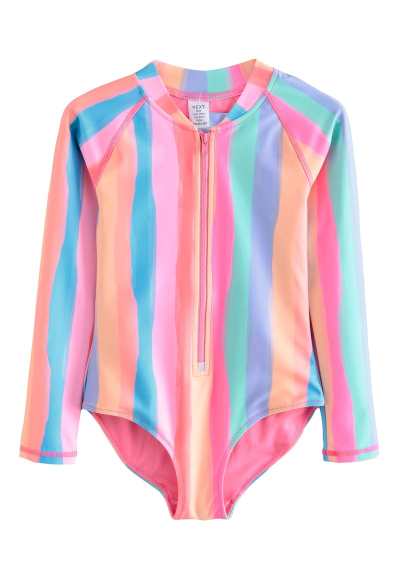 Maillot de bain à manches longues rayé dans des tons pastel de rose, bleu et vert ; doté d'une fermeture éclair à l'avant et d'une texture de tissu douce et lisse.