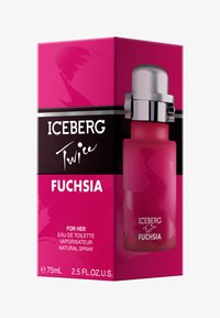 En fuchsiarosa box med en rosa flaska som har en silverfärgad sprejmunstycke, märkt "ICEBERG Twice Fuchsia" och "Eau de Toilette 75ml."