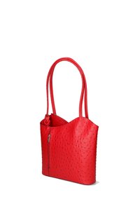 Rode leren tote bag met een gestructureerd, stippenpatroon en een ritszijvak. Beschikt over twee lange hengsels en een open ontwerp.