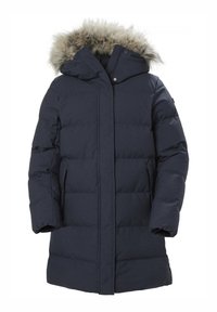 Abrigo largo de invierno azul marino con aislamiento acolchado, capucha y ribete de piel sintética alrededor de la capucha, diseñado para clima frío.