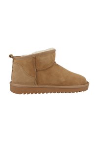 Beige Wildleder-Ankle-Boot mit einer weichen Fellfütterung, ausgestattet mit einer gesteppten Naht-Detail und einer strukturierten Gummisohle mit Zickzack-Muster.