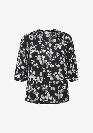 Tumedal lilleline pluus, millel on valged ja heledad hallid lilled. Lõdva lõikega, 3/4 varrukatega ja kogutud kaelus. Kerge, tekstuuriga kangas.