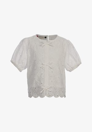 Witte blouse met korte mouwen en pofmouwen, bloemrijke ajourborduursels, gegolfde zoom en drie stoffen striksluitingen aan de voorkant.