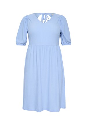 Lyseblå kortærmet kjole med V-udskæring og bånddetalje på ryggen. Har et tekstureret stof og en flydende, A-formet silhuet.