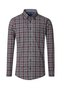 Karierte Langarmbluse in Marineblau, Rot und Beige. Mit Button-Down-Kragen und Tasche auf der linken Brustseite. Glatte Stoffoberfläche.