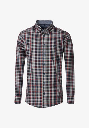 Karierte Langarmbluse in Marineblau, Rot und Beige. Mit Button-Down-Kragen und Tasche auf der linken Brustseite. Glatte Stoffoberfläche.